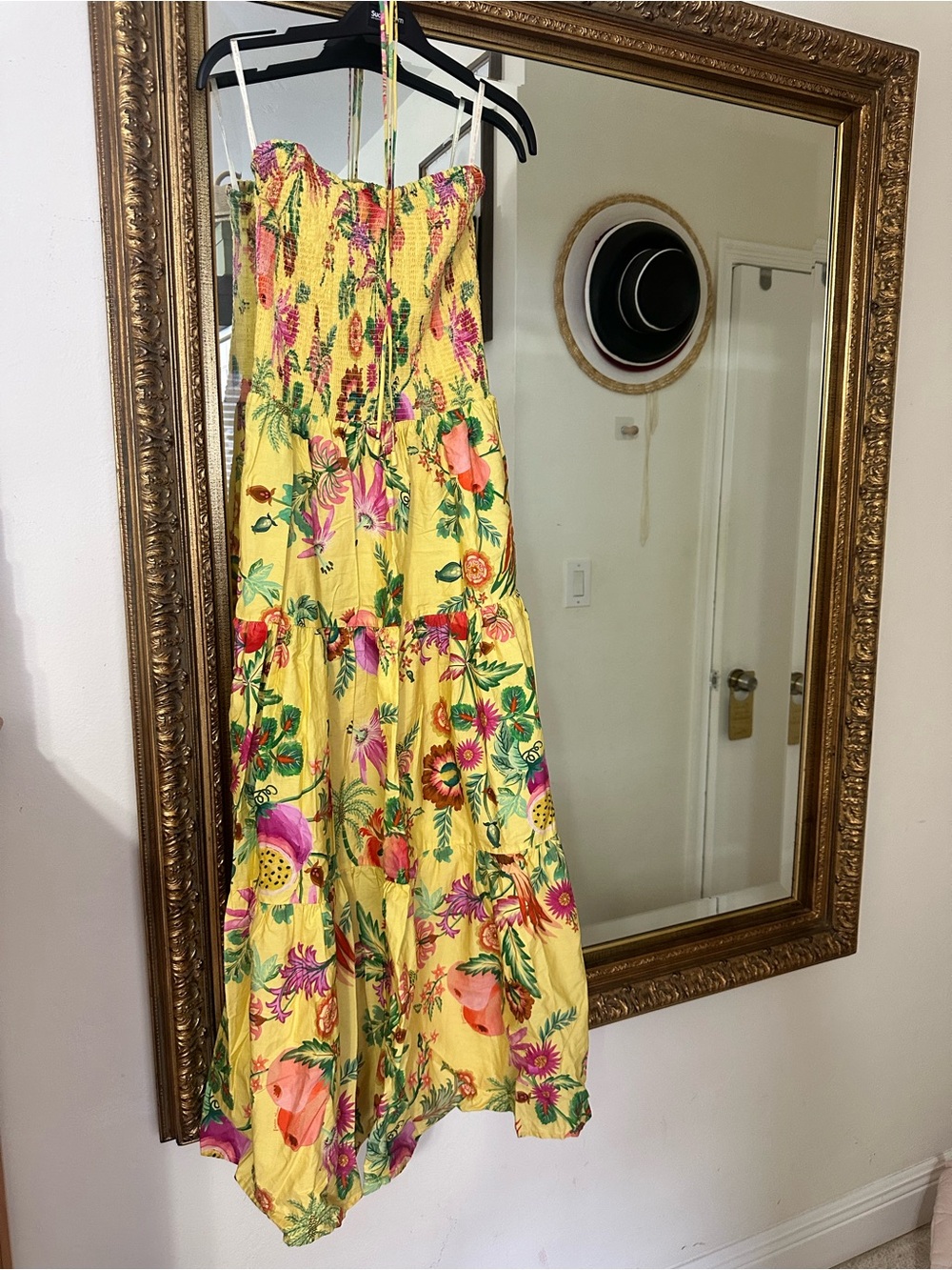 FARM Rio Yellow Tropical Floral & Fruit Tiered Maxi Dress with Pink Accents - Picture 2 of 9